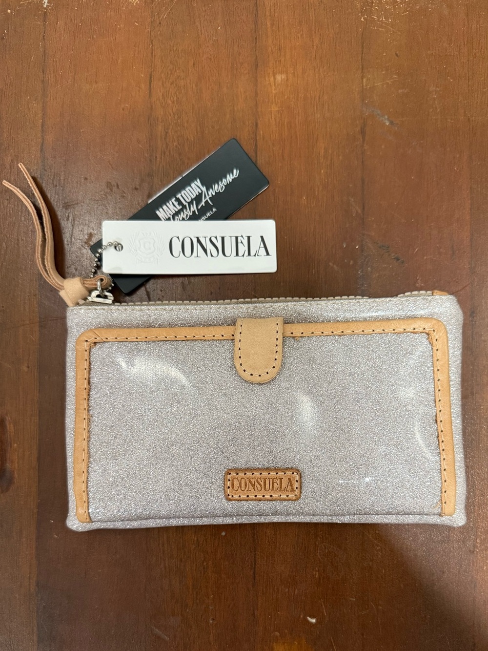 Consuela Silver Glitter Wallet with Tan Trim Wristlet
